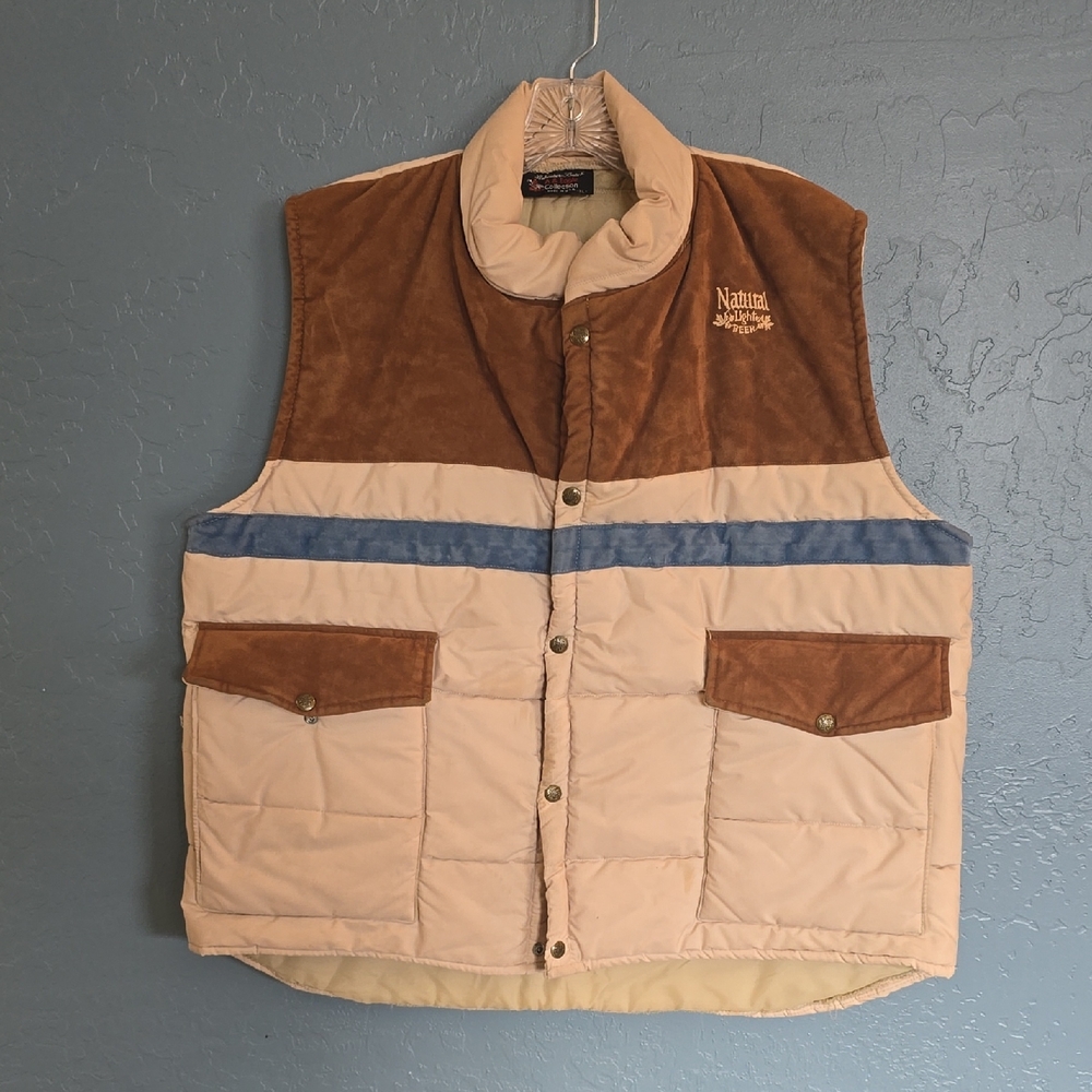 RARE VTG Natural Light Men's Tan and Cream Vest with Blue Accent